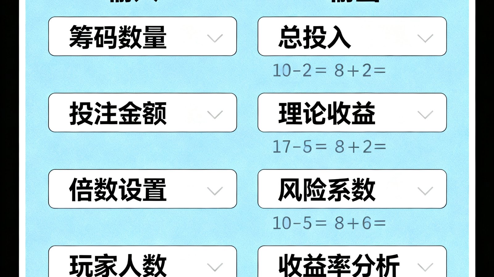 筹码收益计算器：用户输入筹码数量、投注金额、倍数设置与玩家人数，自动生成总投入、理论收益、风险系数与收益率分析