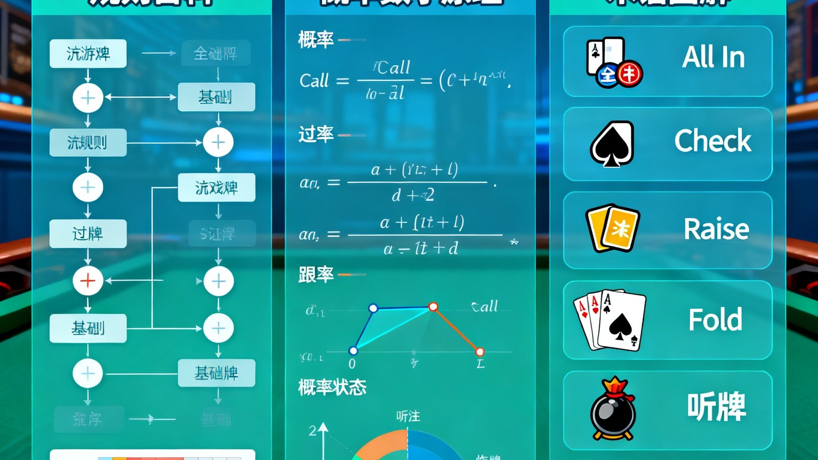 棋牌学院学习中心：包含规则百科、概率数学原理、术语图解，展示All In、Check、Call、Raise、Fold、听牌、炸弹、王炸等核心术语